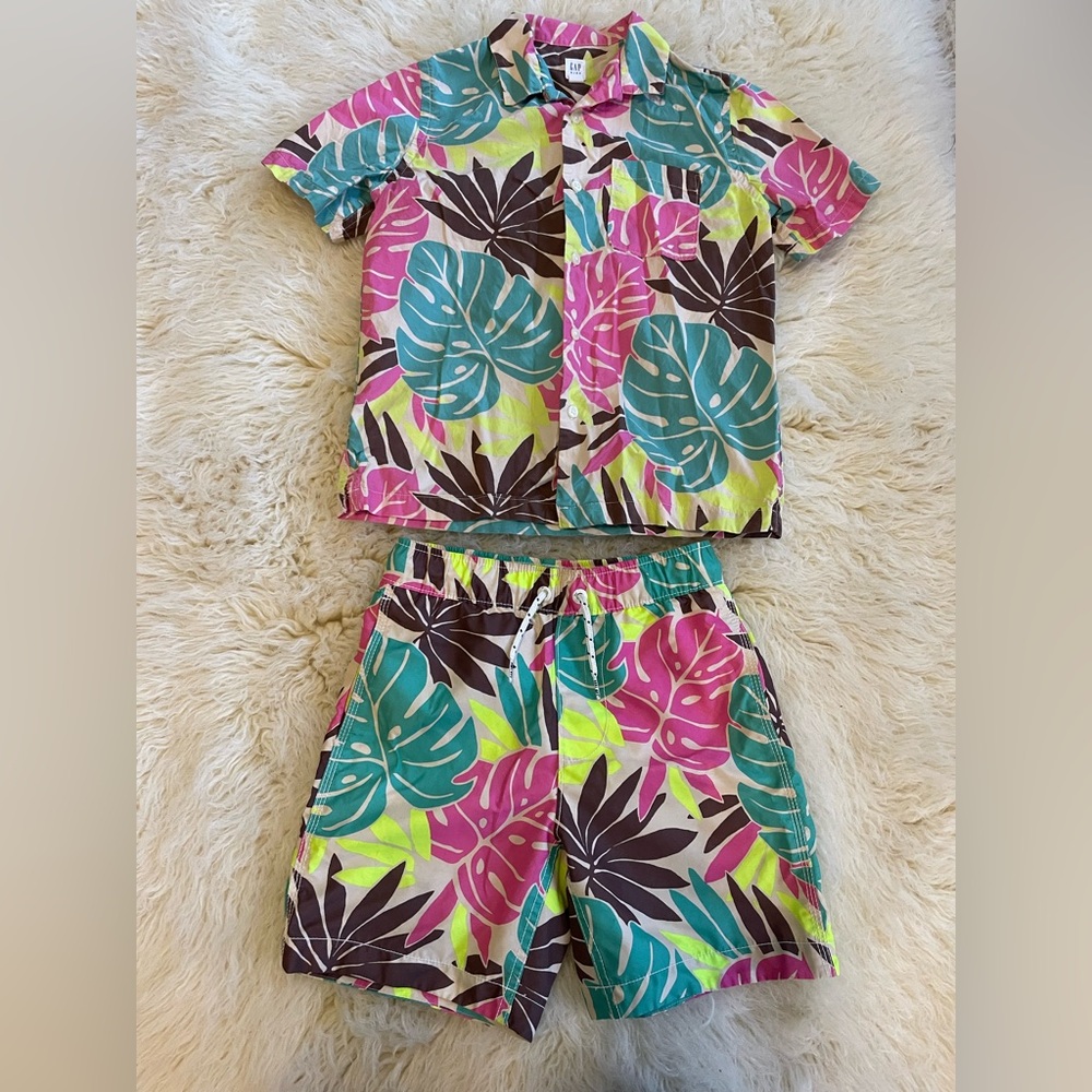Gap boys swim trunks and party shirt, size 8